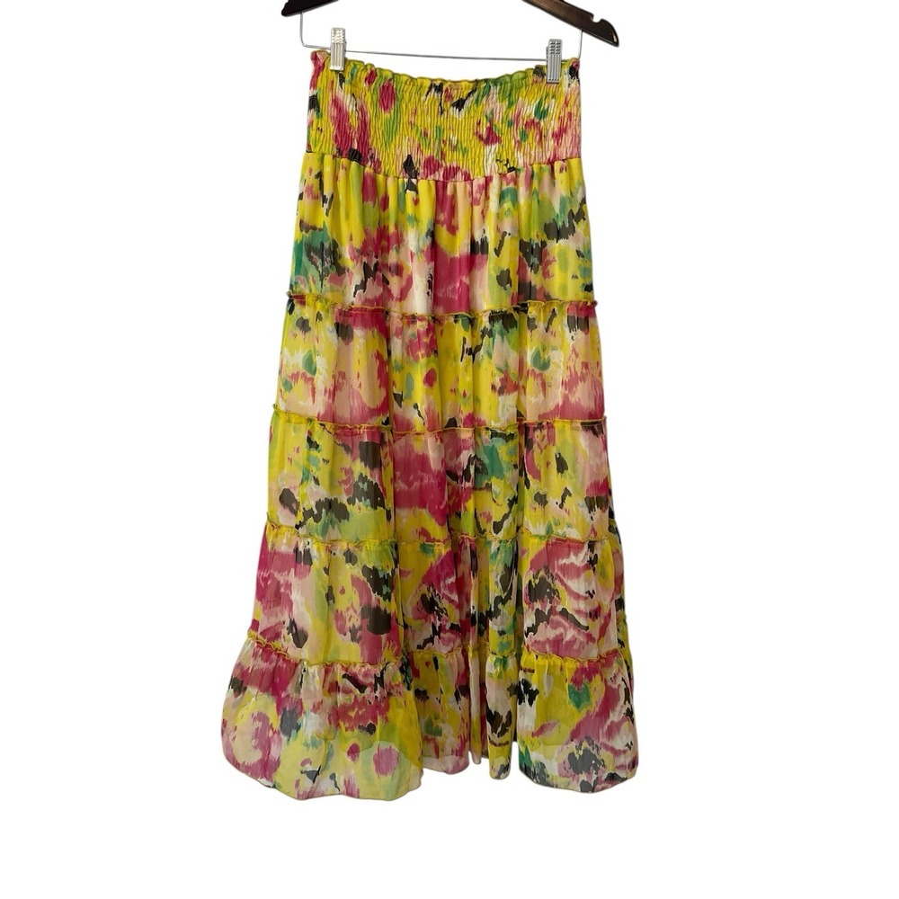 NWT Anthropologie Chaudry KC Yellow Floral Tiered Maxi Skirt Art To Wear Small